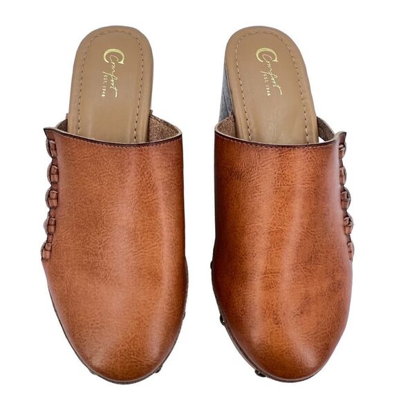 Cato Comfort Brown Leather Studded Braided Detail 4” Block Heel Clogs Size 9 - Picture 2 of 13